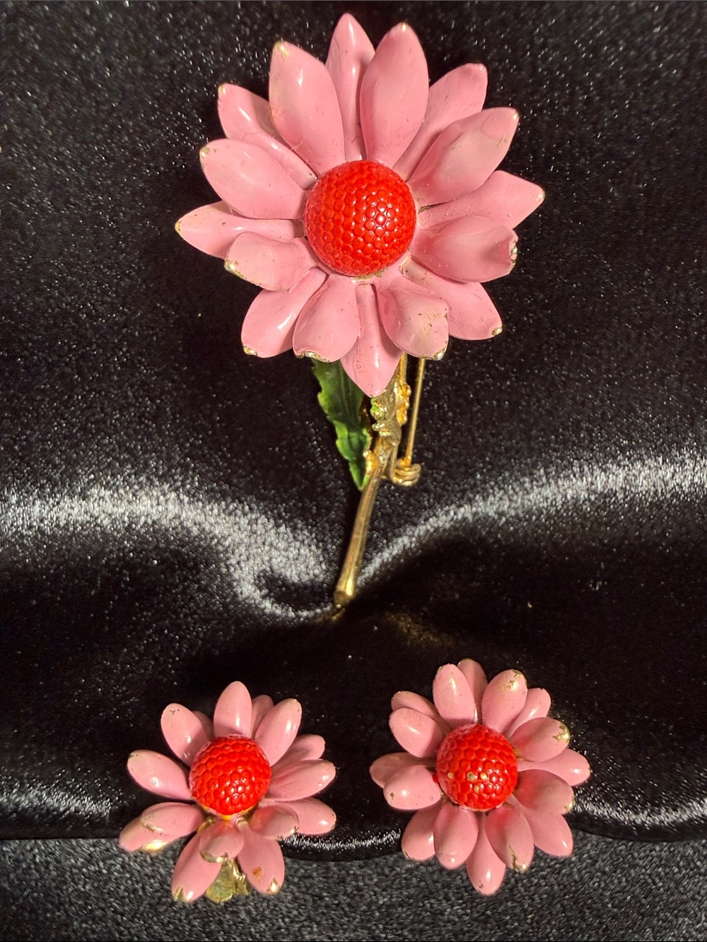 Vintage Pink and Red Daisy Flower Brooch & Earring Set - Women Jewelry